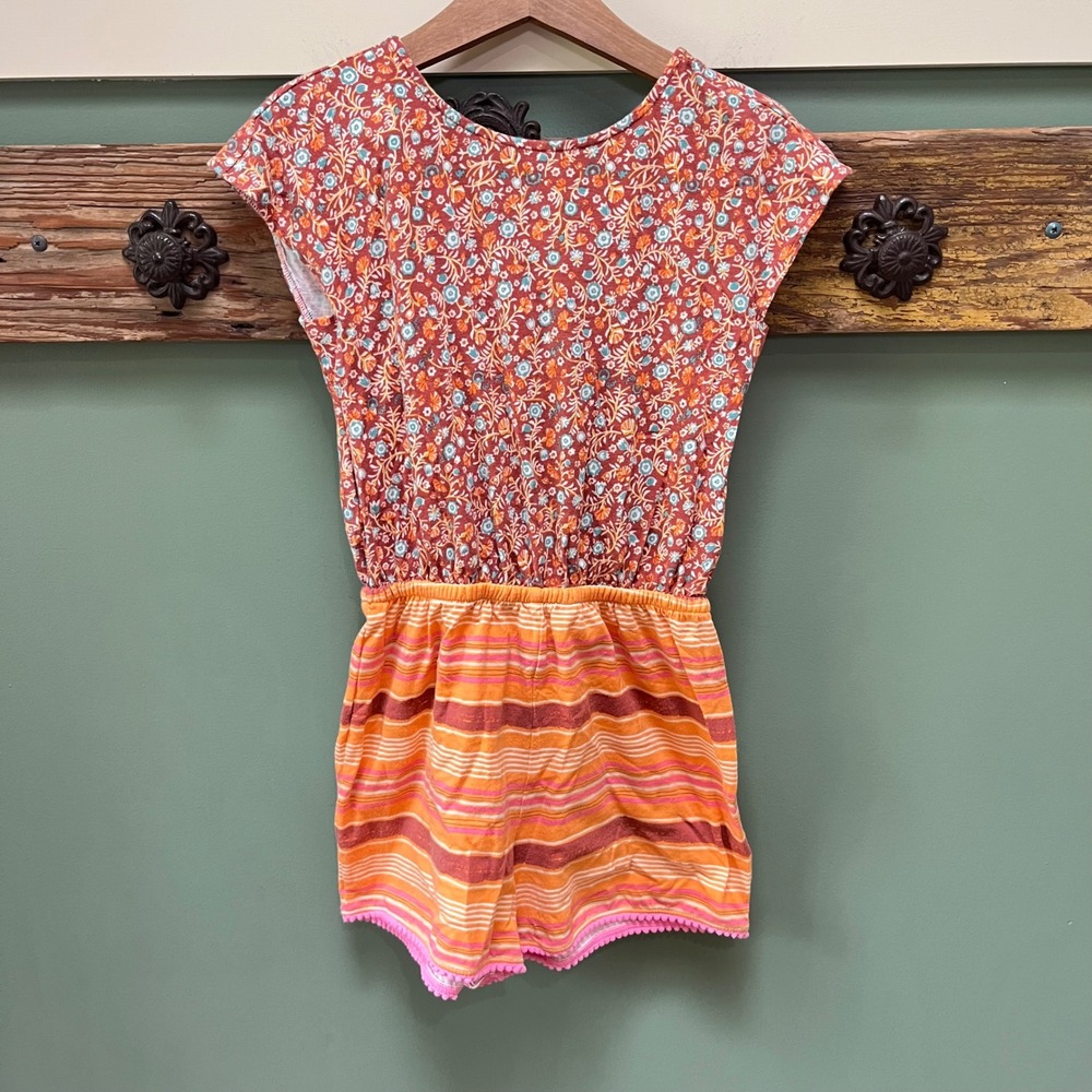 Matilda Jane Girls Floral Striped Romper Orange Pink Size 8 Pom Pom Trim